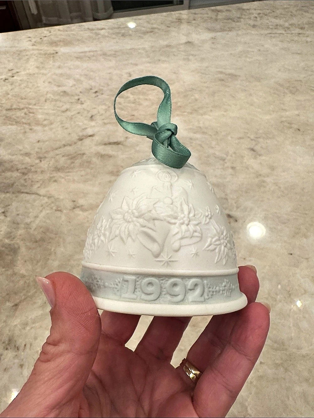 Lladró  1992 Holiday Bell Ornament White & Green